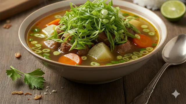 Sup Tetelan Sapi dengan Daun Bawang Melimpah