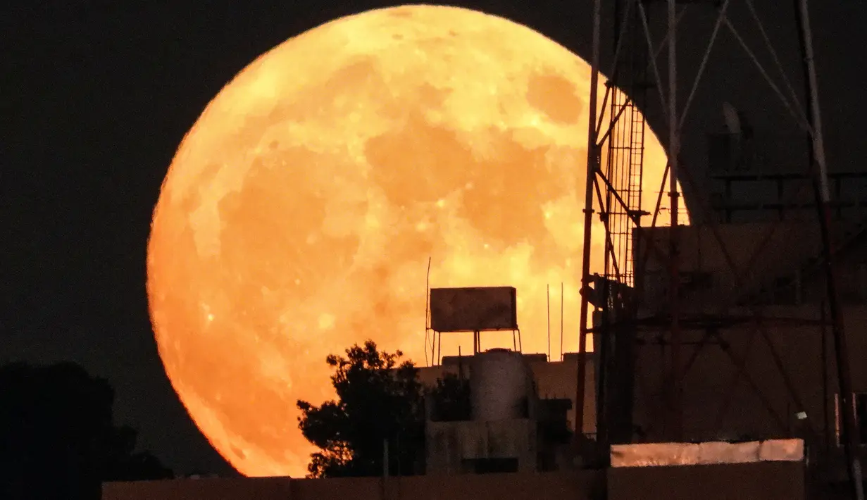 Bulan purnama Sturgeon muncul di atas gedung-gedung di ibu kota Yordania, Amman, pada Kamis (11/8/2022). Bulan Purnama Agustus 2022 akan menjadi fenomena Supermoon terakhir tahun ini. Bulan Purnama Agustus dijuluki "Sturgeon Moon". (YASSER AL-ZAYYAT / AFP)