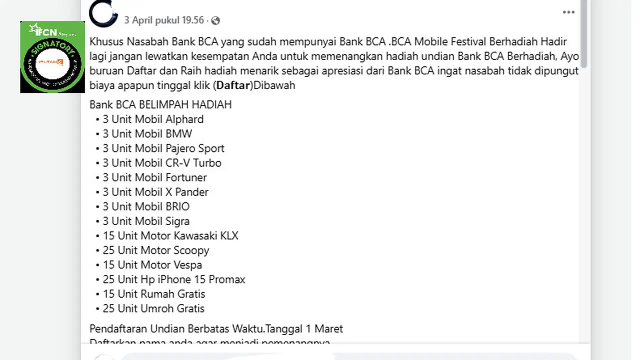 Tangkapan layar klaim Link Pendaftaran BCA Mobile Festival Berhadiah