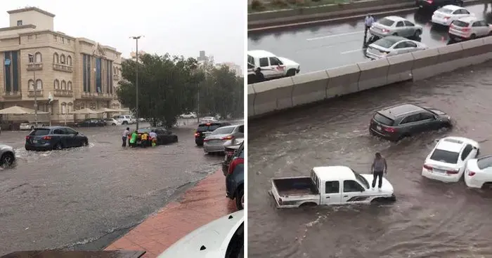 Banjir yang melanda Jeddah menyebabkan sejumlah pengendara terjebak (Facebook/RiyadhConnect)
