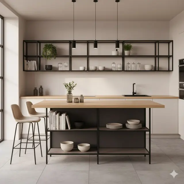 Inspirasi Dapur Kecil Modern dengan Rak Besi Terbuka dan Countertop Kayu
