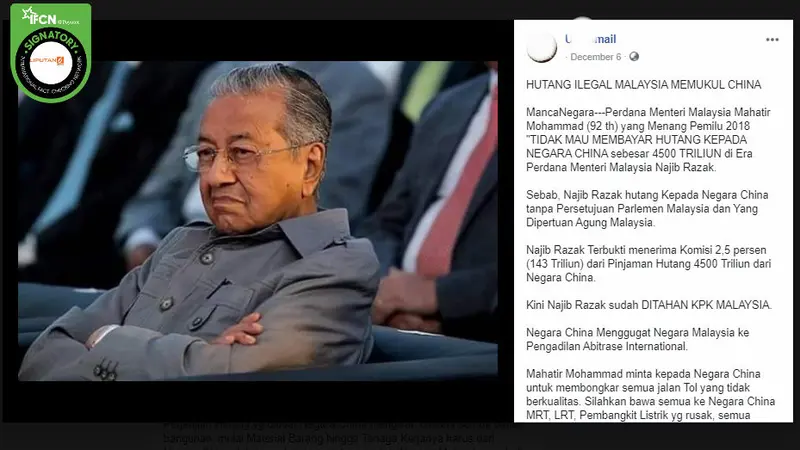 [Cek Fakta] PM Malaysia Mahathir Mohamad Tolak Bayar Utang 4.500 Triliun ke China