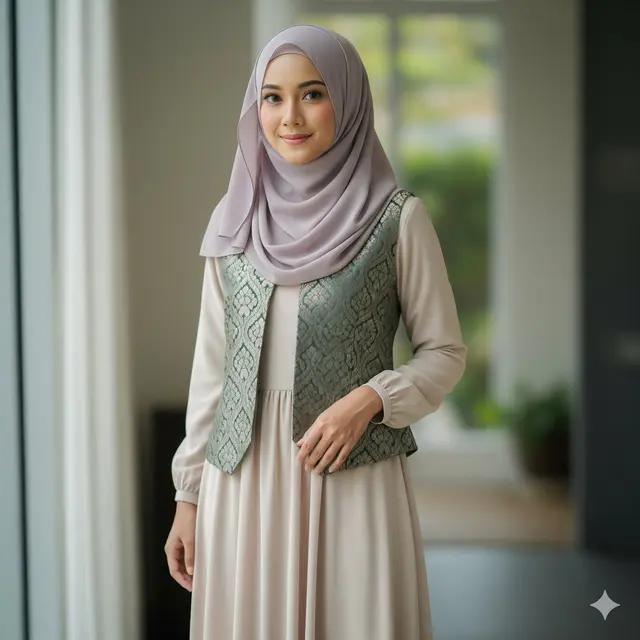 Maxi Dress Sifon Polos dengan Vest Brokat Simple