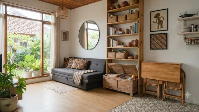 Strategi menjaga skala dan proporsi ruangan sehingga cocok buat rumah yang terasa sempit model manfaatkan furnitur multifungsi dan penyimpanan vertikal