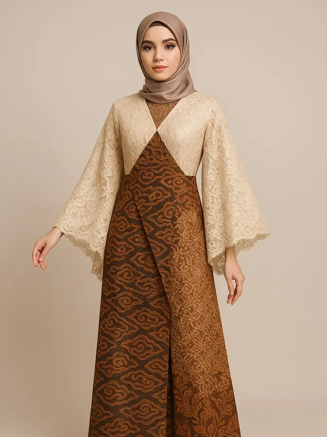 Model Batik Brokat Kombinasi Lengan Kimono Panjang