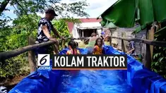 Kolam renang dadakan dibuat dengan cara memanfaatkan traktor dan gerobak. Kolam ini menjadi hiburan bagi anak-anak Kuba saat cuaca panas melanda.