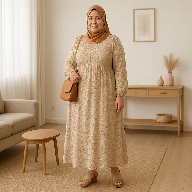 Inspirasi Model Gamis Motif Kecil Terbaru untuk Ibu Ibu Gemuk/via ChatGPT