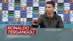 Berita video momen bintang Timnas Portugal, Cristiano Ronaldo, terganggu dengan 2 botol minuman soda di sesi konferensi pers, Senin (14/6/2021).