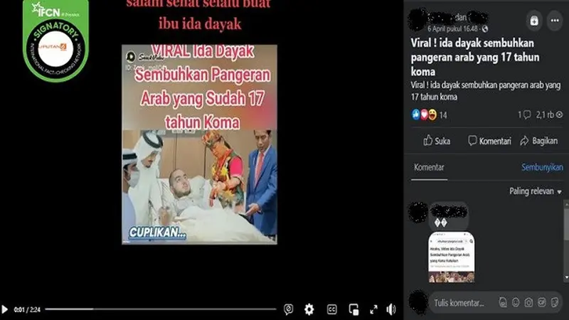 Gambar Tangkapan Layar Kabar Hoaks Ida Dayak Menyembuhkan Arab Saudi yang 17 Tahun Koma (sumber: Facebook).