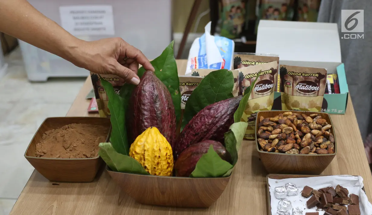 Pengunjung melihat produk coklat dalam pameran kakao dan coklat di Kementerian Perindustrian, Jakarta, Selasa (17/9/2019). Kemenprin mengusulkan pengenaan PPN sebesar 0% bagi produsen industri pengolahan kakao guna meningkatkan daya saing produk dalam negeri. (Liputan6.com/Angga Yuniar)