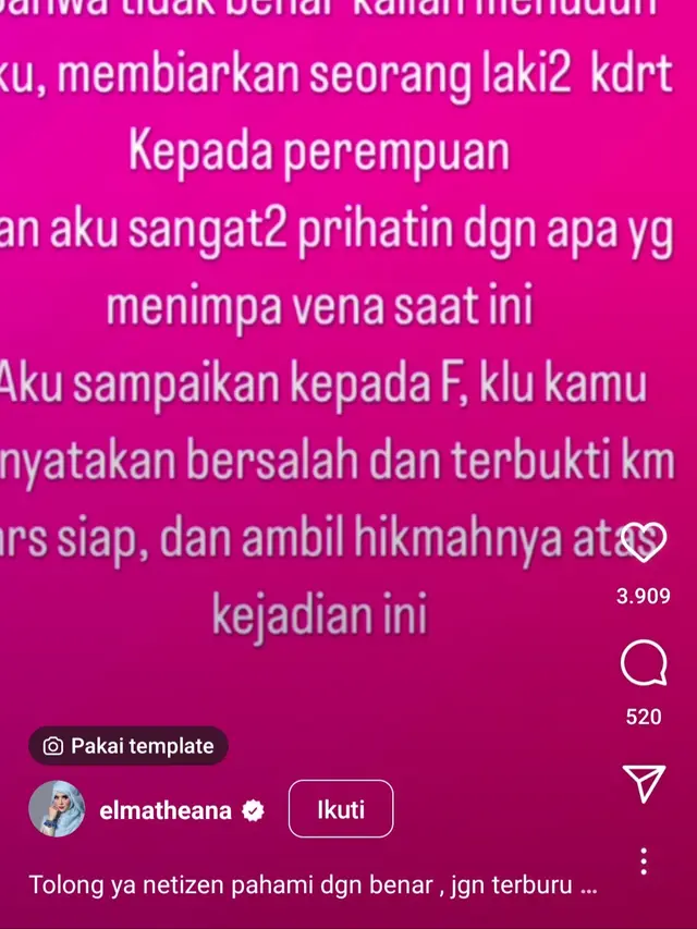 Unggahan Instagram Story Elma Theana. (Instagram.com/elmatheana)