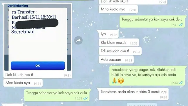6 Chat Penipuan Pakai Bukti Transfer Rekening Ini Bikin Geregetan (sumber: Instagram/txtdarionlshop/konterplsonline)
