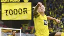 Tidak hanya di Bundesliga, Erling Haaland juga tajam di kompetisi lainnya. Dia sudah menyumbangkan satu gol di Liga Champions, serta tiga gol pada ajang DFB-Pokal musim ini. (AP/Bernd Thissen)