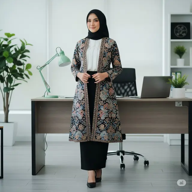 Model Baju Batik Kantor Wanita Berjilbab Modern. Foto: Gemini