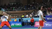 Ekspresi Fajar Alfian/Muhammad Rian Ardianto setelah memenangi semifinal Korea Terbuka 2019, di Incheon, Sabtu (28/9/2019). (PBSI)