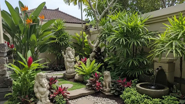 desain kebun rumah tropis di halaman depan yang mudah dirawat