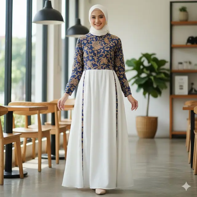 Model Gamis Terbaru Kombinasi Batik dan Polos (Image by AI)
