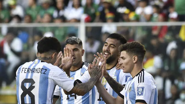 Pemain Argentina merayakan gol ke gawang Bolivia pada lanjutan Kualifikasi Piala Dunia 2026
