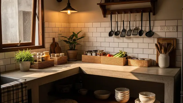 Dapur Bergaya Industrial dengan Ambalan Besi dan Beton Ekspos