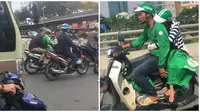 Potret Penumpang Ojek Online Peluk Driver karena Ketiduran. (Sumber: X/@txtdarigajelas dan Instagram/dramaojol.id)