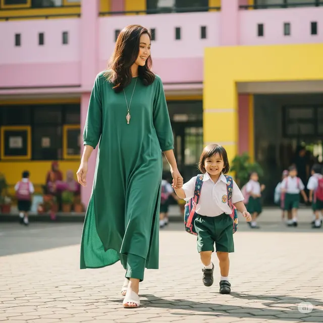 Outfit Ibu Antar Anak Sekolah. Foto: Gemini
