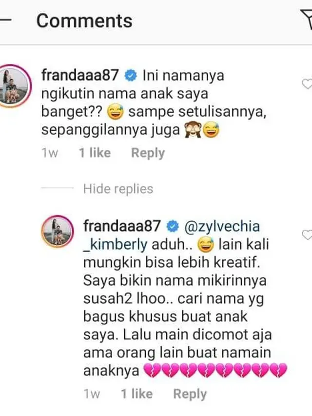luapan kekesalan Franda soal nama anak (Instagram)