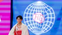 Pesenam Jepang, Daiki Hashimoto merayakan kemenangan pada final All-Around Kejuaraan Dunia Gimnastik 2025 di Indonesia Arena, Senayan, Jakarta, Rabu (22/10/2025). (Bola.com/Bagaskara Lazuardi)