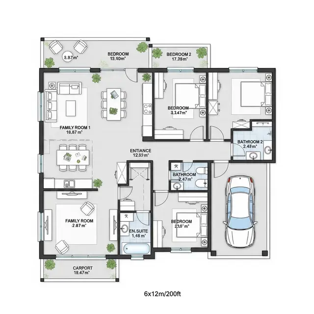 Denah Rumah Sederhana 6x12 3 Kamar.