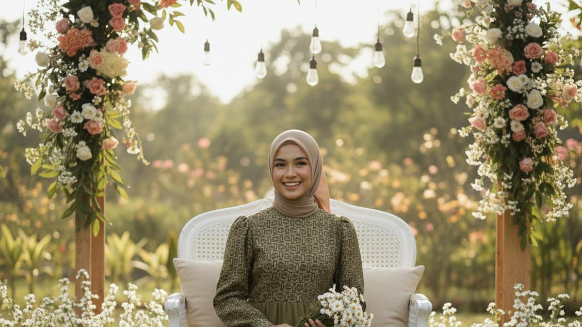 7 Model Gamis Batik Kombinasi Polos Warna Olive Cocok untuk Lamaran Sederhana