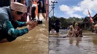 Viral pasangan pengantin lakukan pemotretan di tengah banjir. (TikTok/pengengakinsecure)