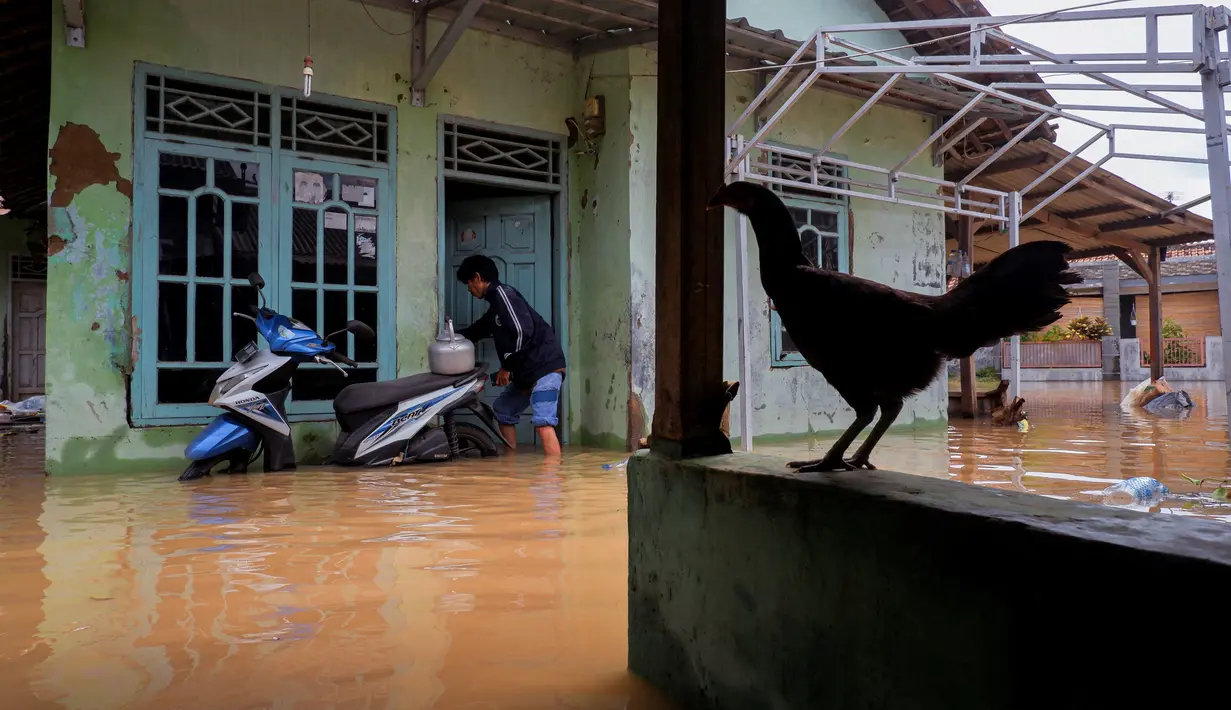 Seorang warga memasuki rumahnya yang terendam banjir di Desa Sukajaya, Serang (1/3/2022).  Berdasarkan data sementara dari Polres Serang Kota, ada 20 titik banjir yang merendam pemukiman warga di Kota Serang. (AFP/Dziki Oktomauliyadi)
