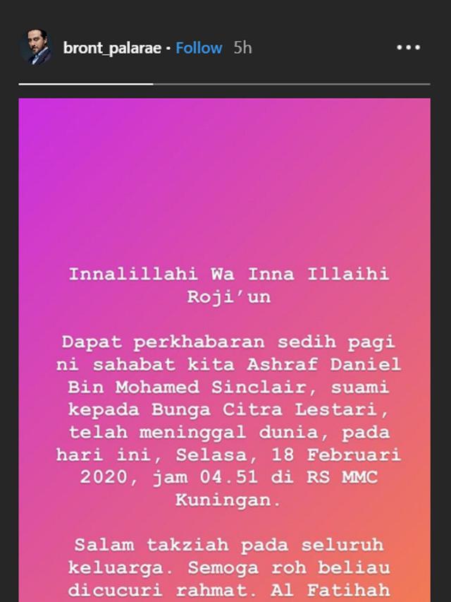 Ucapan duka Bront Palarae untuk Ashraf Sinclair (Instagram/ bront_palarae)