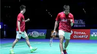 Ganda putra Indonesia, Kevin Sanjaya Sukamuljo/Marcus Fernaldi Gideon, mengalahkan pasangan Taiwan pada babak pertama India Terbuka Super Series 2017, Rabu (29/3/2017). (PBSI)