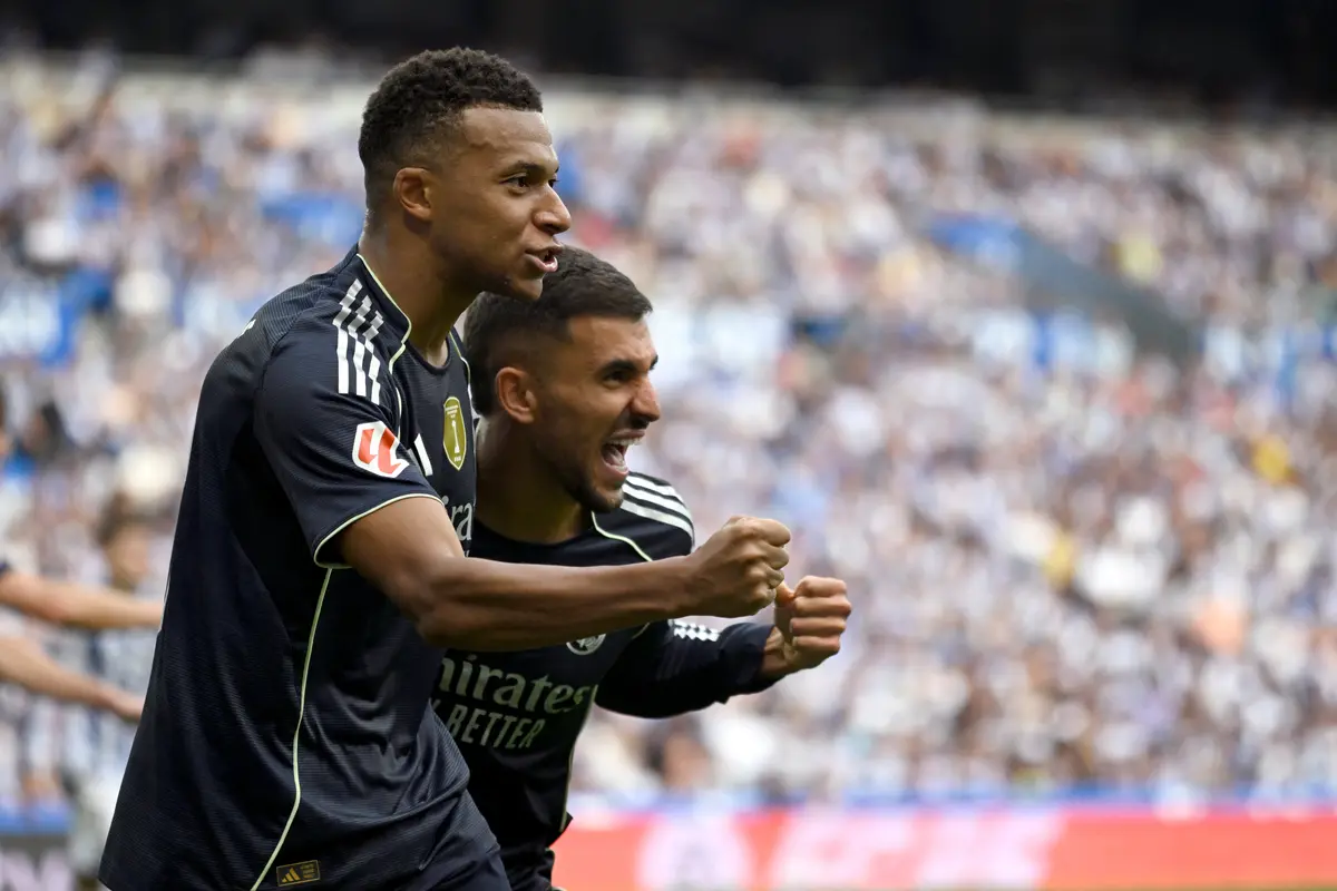 Selebrasi pemain Real Madrid saat bungkam Sociedad di ajang LaLiga 2025/2026