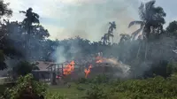 Sebuah rumah terbakar di desa Gawdu Zara, negara bagian Rakhine utara, Myanmar, (7/9). Seorang wartawan melihat api membakar rumah di desa yang ditinggalkan oleh Muslim Rohingya. (AP Photo)