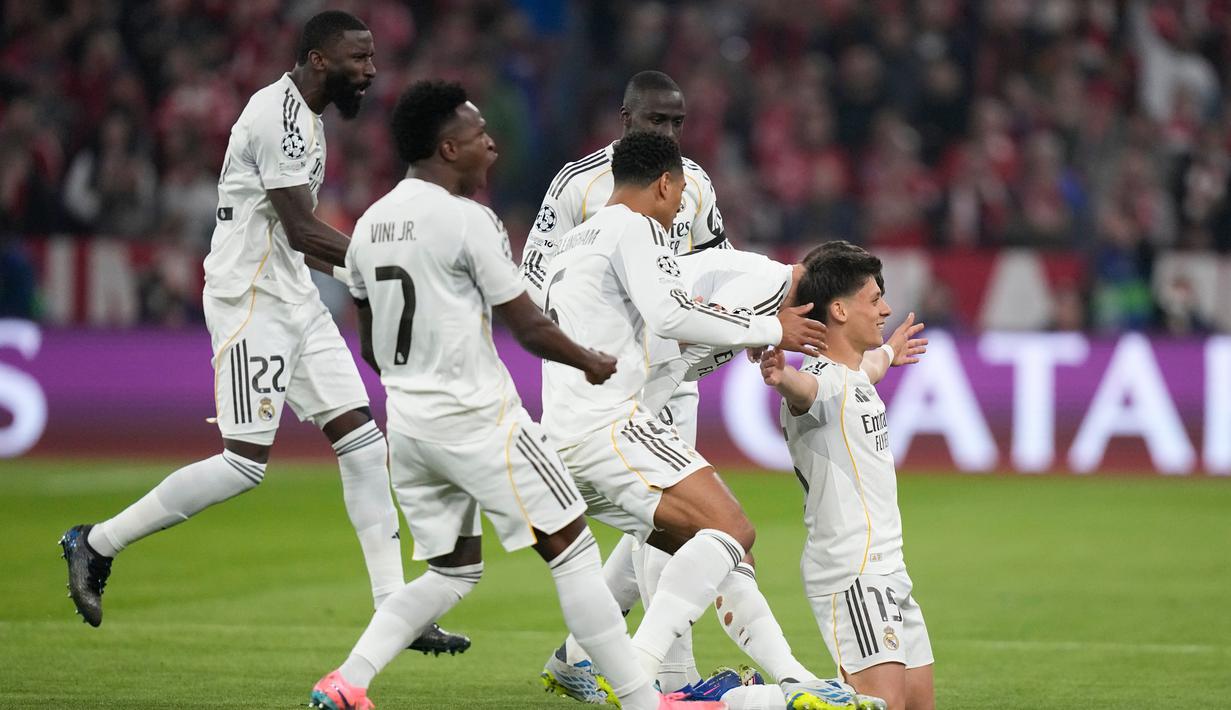 Kekalahan ini menjadi pukulan telak bagi Real Madrid yang harus angkat koper di babak perempat final, hanya kedua kalinya dalam 14 edisi terakhir mereka gagal melangkah lebih jauh. (AP Photo/Matthias Schrader)