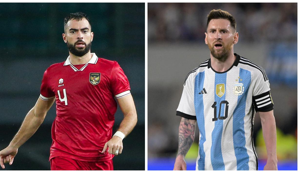 <p>Foto kolase pemain timnas Indonesia, Jordi Amat (kiri), dalam pertandingan uji coba FIFA Matchday melawan timnas Burundi yang berlangsung di stadion Patriot Candrabhaga, Bekasi, Sabtu (25/3/2023). Dan ekspresi pemain Timnas Argentina, Lionel Messi dalam pertandingan uji coba FIFA Matchday melawan timnas Panama yang berlangsung di stadion Monumental, Sabtu (25/3/2023). (Bola.com/Bagaskara Lazuardi, AFP/Juan Mabromata)</p>