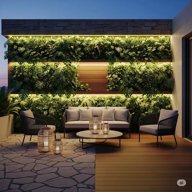 Teras Semi Outdoor dengan Garden Wall
