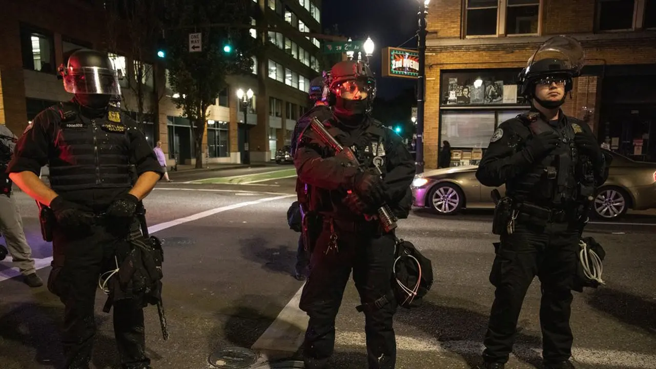 Penjagaan ketat oleh petugas kepolisian pada Sabtu 29 Agustus 2020 usai terjadinya penembakan dalam aksi protes yang meledak di Portland.