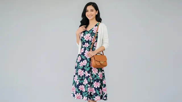 Midi Dress A-Line Motif Bunga Kecil