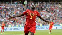Pemain Belgia, Romelu Lukaku melakukan selebrasi usai mencetak gol ke gawang Panama dalam penyisihan Grup G Piala Dunia 2018 di Stadion Fisht, Sochi, Rusia, Senin (18/6). Belgia menang 3-0 dengan sumbangan dua gol dari Lukaku. (AP Photo/Matthias Schrader)