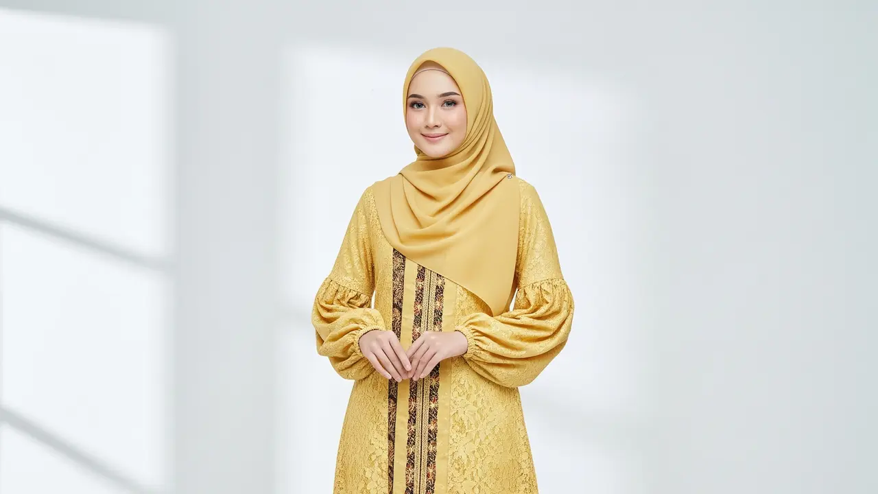 Model Gamis Batik Brokat Soft Yellow Terbaru untuk Ramadan 2026