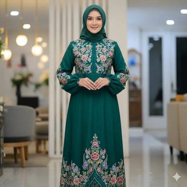 Inspirasi Model Gamis Syari Motif Bunga Cantik untuk Tampil Feminim (Image by Gemini AI)