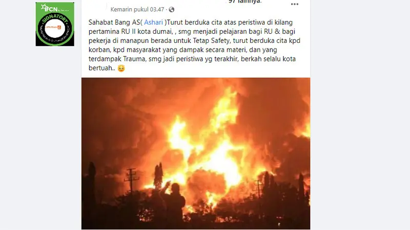 Tangkapan layar klaim foto kebakaran kilang Pertamina Dumai