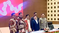 Menteri Keuangan Sri Mulyani Indrawati,Menteri Koordinator Bidang Perekonomian Airlangga Hartarto pejabat tinggi negara lain Konferensi Pers RAPBN 2025 di Jakarta, Jumat (16/8/2024). (Tasha/Liputan6.com)