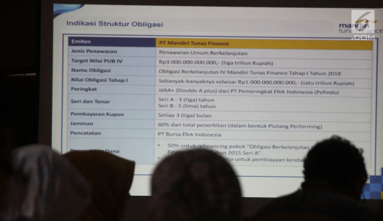 Peserta mendengarkan paparan kinerja saat Investor Gathering Tahap 1 Mandiri Tunas Finance di Jakarta, Kamis (29/11). Mandiri Tunas Finance menargertkan obligasi Rp 1 triliun melalui Penawaran Umum Berkelanjutan lV. (Liputan6.com/Herman Zakharia)