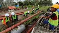 Karyawan PLN mengangkat tiang untuk membangun jaringan listrik di pedesaan Riau. (Liputan6.com/M Syukur)