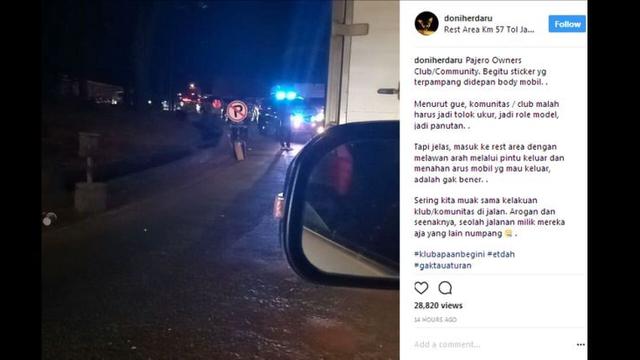 Aksi Pajero Owner Community masuk rest area dengan cara melawan arah melalui pintu keluar.