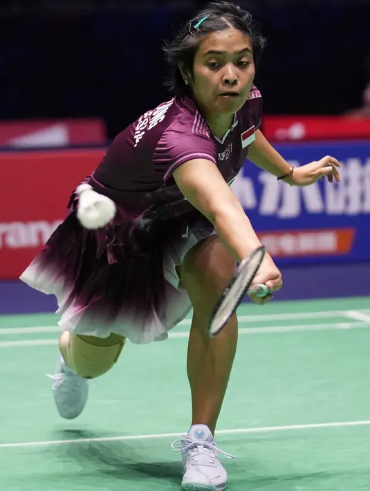 Di putaran selanjutnya, Gregoria Mariska Tunjung menghadapi pemenang duel Sim Yu-jin (Korea Selatan) vs Ranithma Liyanage (Sri Lanka). (AP Photo/Christophe Ena)