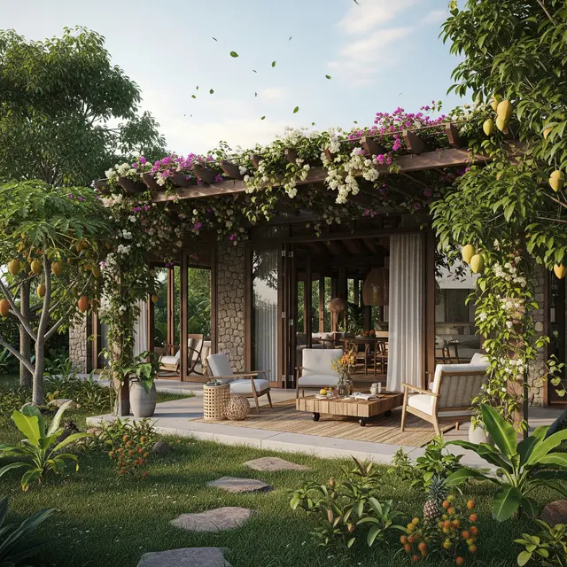 Desain Rumah Sejuk dengan Kebun Buah Campuran dan Area Santai (Gemini AI)